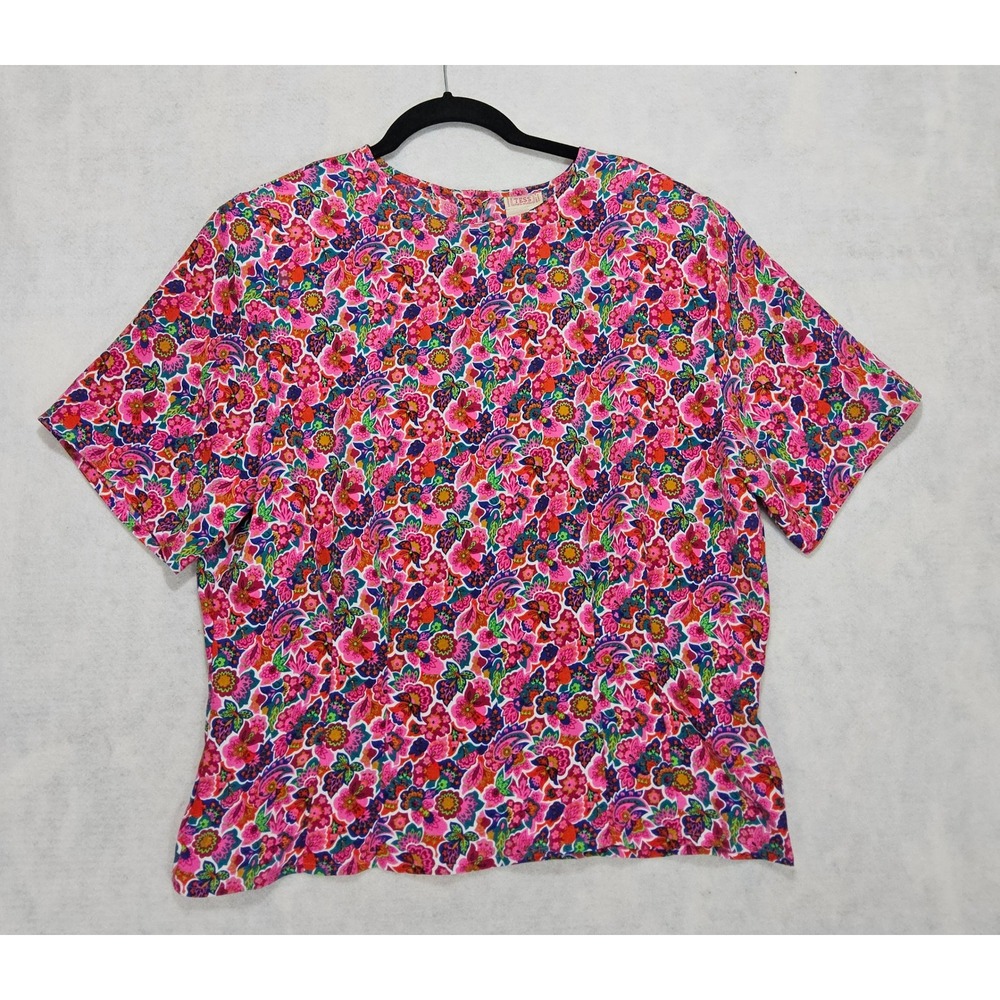 TESS Blouse 12 Large Vtg Floral Short Sleeve Fitted Tailored Boho Whimsical Pink